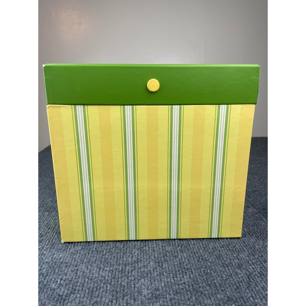 VTG. Hallmark Yellow Green Striped Card Storage Box w/Pullout Drawer 10.5x10x4.5